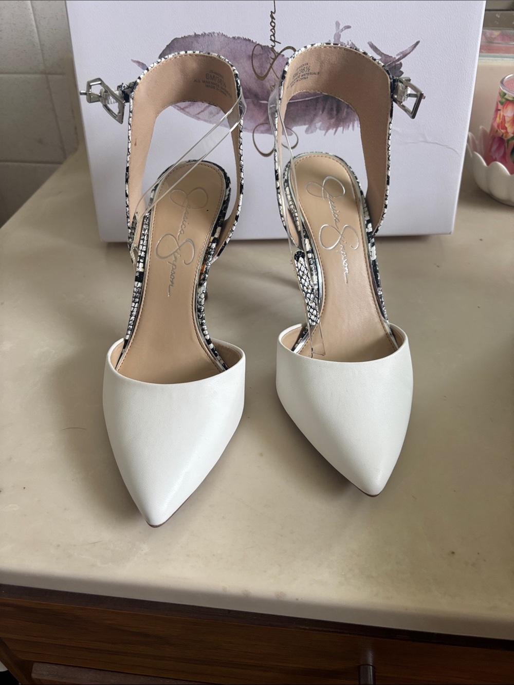 Jessica Simpson White Pumps with Black-and-White Snake-Print Ankle Straps - Picture 3 of 7